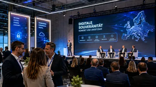 Ein Konferenz in einem großen Saal mit Bühne zum Thema "Digitale Souveränität"