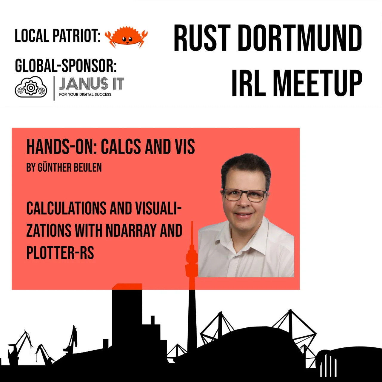 Ein Flyer mit der Skyline von Dortmund, Informationen zur Veranstaltung und einem Portrait von Günther Beulen
